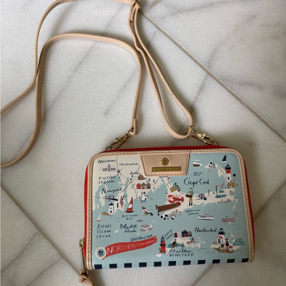 Spartina Cream and Blue Map Print Crossbody Bag